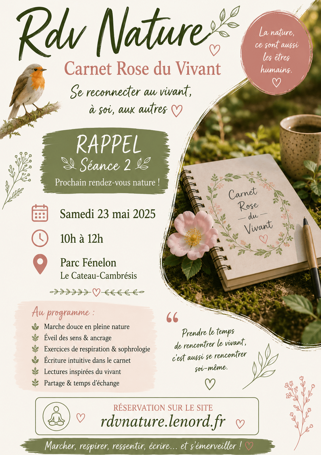 Affiche des rencontres nature et sophrologie Carnet Rose du Vivant au Parc Fénelon au Cateau-Cambrésis.