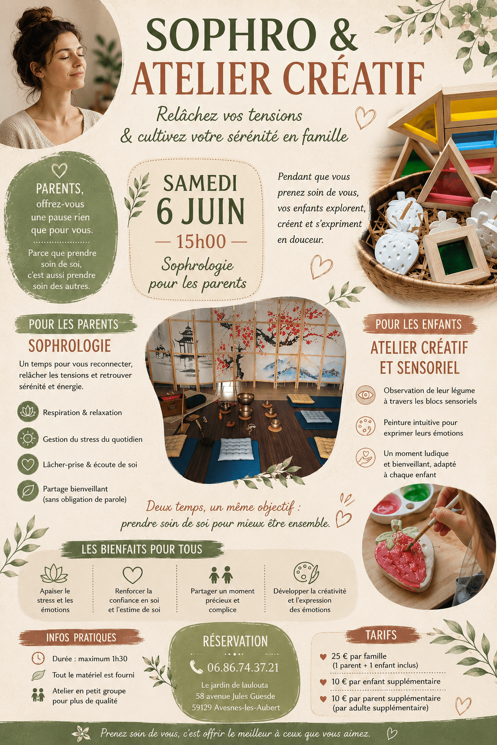 Affiche atelier sophrologie parents et activité créative enfants au Jardin de Laulouta à Avesnes-les-Aubert