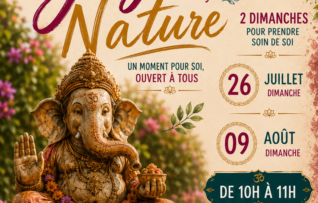 Affiche annonçant deux séances de yoga en plein air au Jardin de Laulouta à Avesnes-les-Aubert les 26 juillet et 9 août.