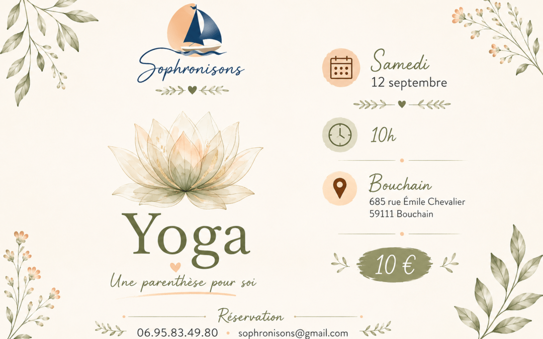 Séance de yoga en plein air à Bouchain, une expérience bien-être proposée par Sophronisons dans le Cambrésis.
